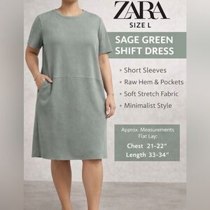 Zara Sage Green Shift Dress L Raw Hem Short Sleeve Pockets(A425)